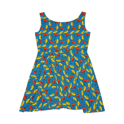 Tropical Leaf Skater Dress — Bright Blue All-Over Print Women's Dress