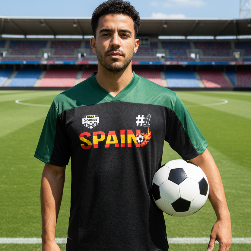 Spain Flag Themed Graphic Mesh V-Neck Soccer Jersey