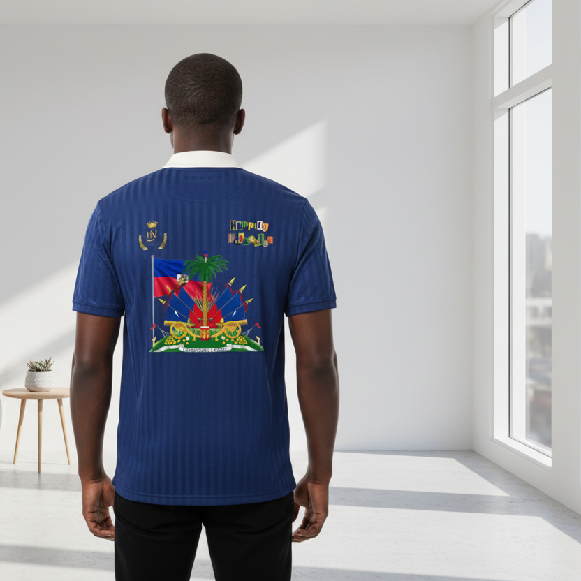 Haiti Flag Themed Graphic Contrast Collar Striped Soccer Jersey
