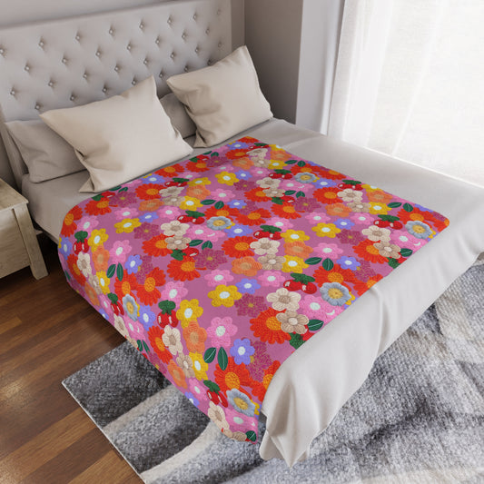 Floral Fiesta Minky Blanket — Bright Retro Flower Pattern, Cozy Throw for Living Room & Kids