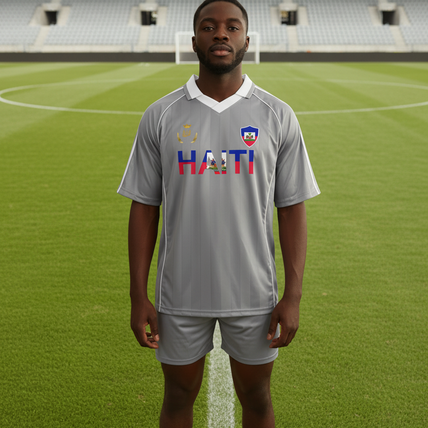 Unisex Haiti Flag Themed Graphic Shadow Stripe Collared Soccer Jersey