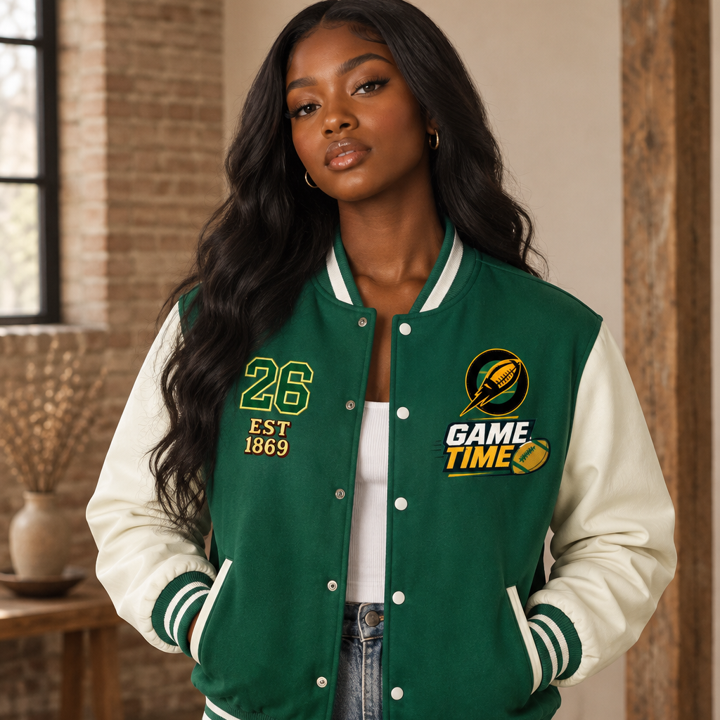 Graphic Unisex Football Themed Two-Tone Fleeced Varsity Jacket