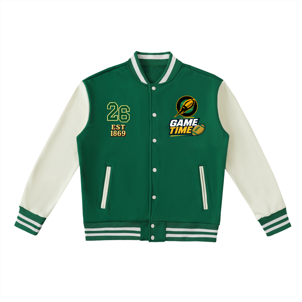 Graphic Unisex Football Themed Two-Tone Fleeced Varsity Jacket