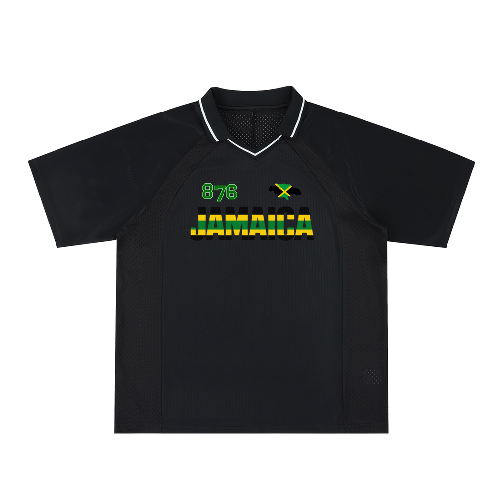 Jamaican Pride, Flag Themed Graphic V-Neck Collared  Unisex Soccer Jersey