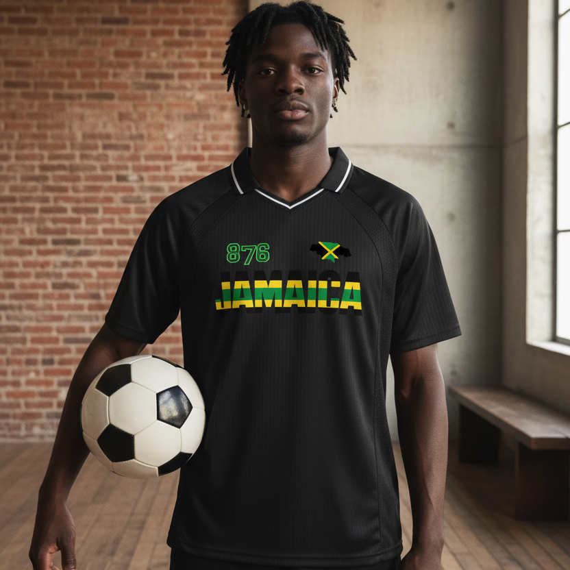Jamaican Pride, Flag Themed Graphic V-Neck Collared  Unisex Soccer Jersey