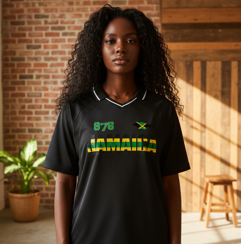 Jamaican Pride, Flag Themed Graphic V-Neck Collared  Unisex Soccer Jersey