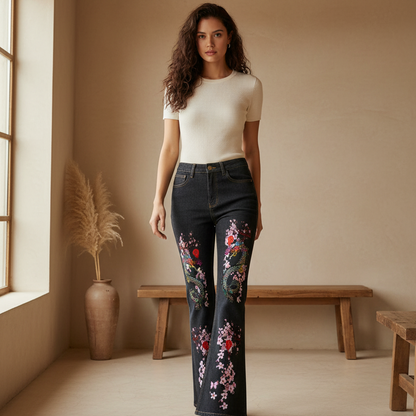Dragon and Floral Art Graphic Women's High-Rise Flared Jeans