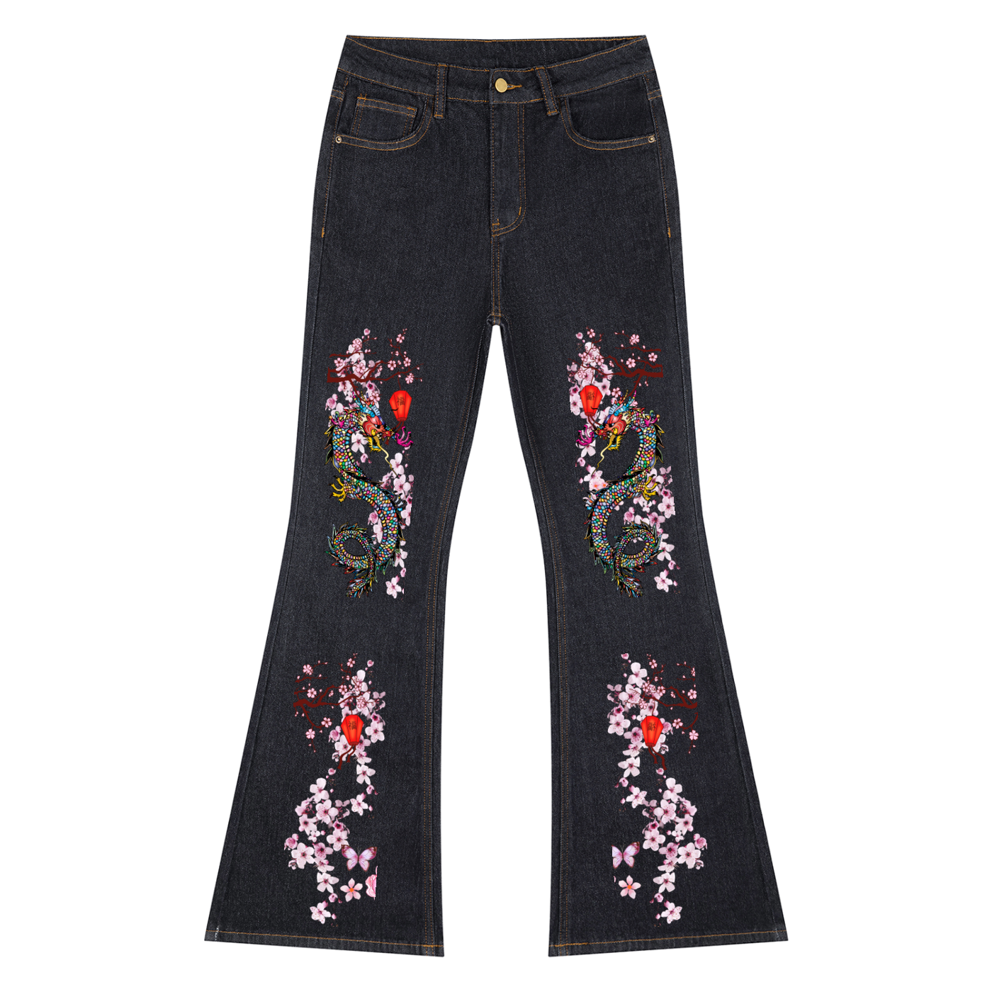 Dragon and Floral Art Graphic Women's High-Rise Flared Jeans