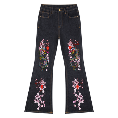 Dragon and Floral Art Graphic Women's High-Rise Flared Jeans