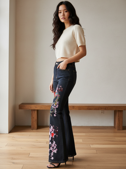 Dragon and Floral Art Graphic Women's High-Rise Flared Jeans