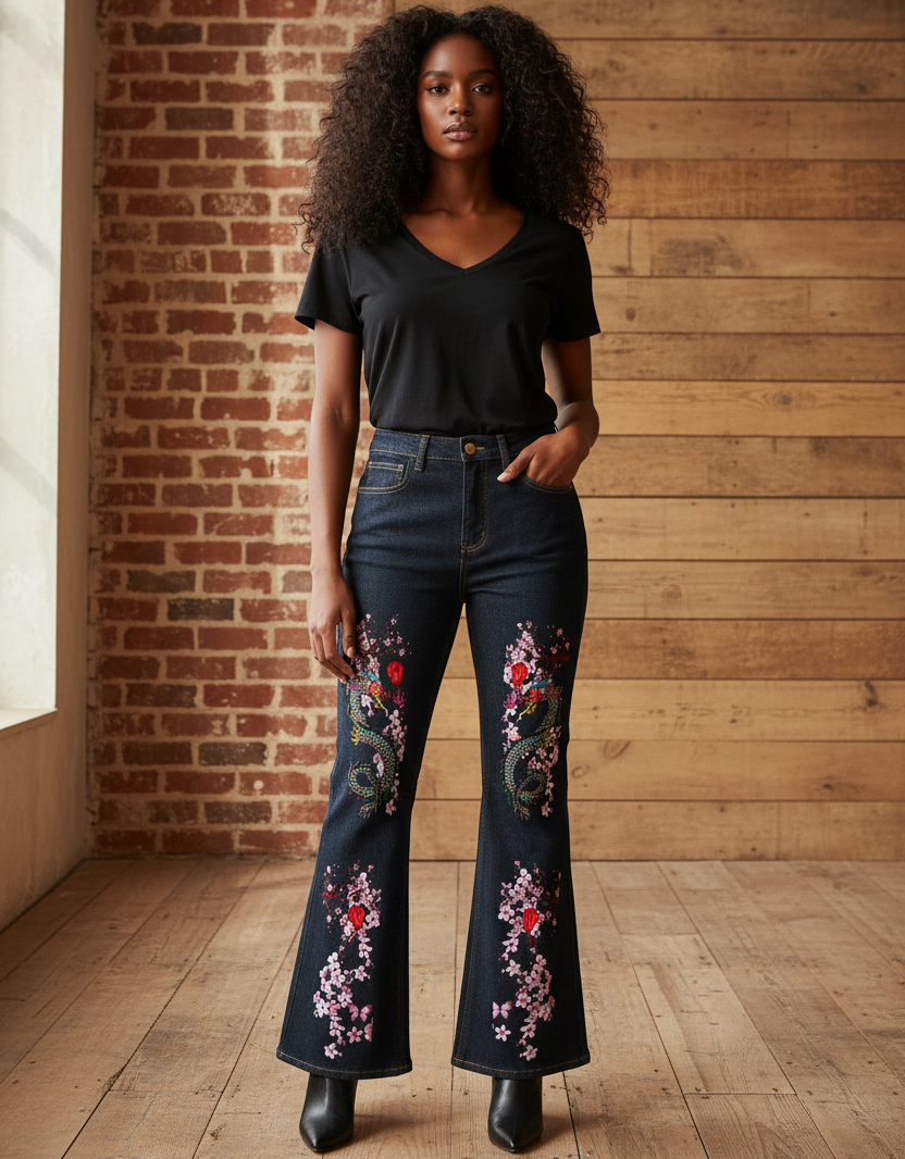 Dragon and Floral Art Graphic Women's High-Rise Flared Jeans