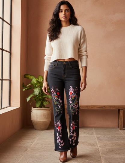 Dragon and Floral Art Graphic Women's High-Rise Flared Jeans