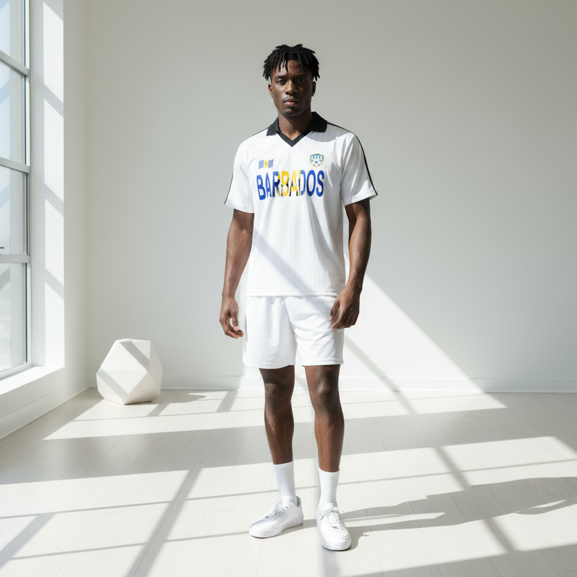 Barbados Flag Themed Contrast Collar Striped Soccer Jersey