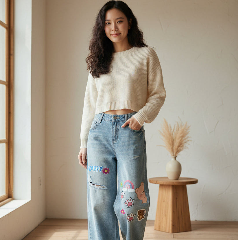 Sticker  Animal Print Graphic Women's Vintage Wash Distressed Wide Leg Jeans
