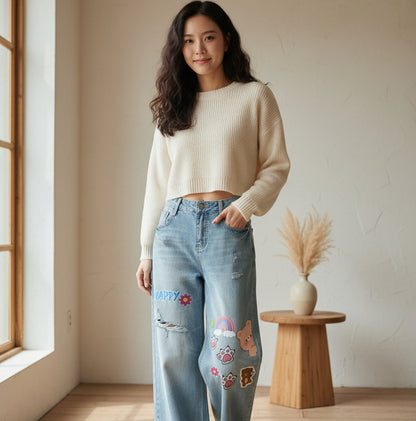 Sticker  Animal Print Graphic Women's Vintage Wash Distressed Wide Leg Jeans