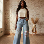 Women’s Vintage-Wash Distressed Wide-Leg Jeans with Animal Print Graphic Art ODMPOD