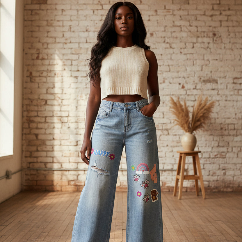 Sticker  Animal Print Graphic Women's Vintage Wash Distressed Wide Leg Jeans