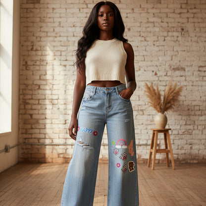 Sticker  Animal Print Graphic Women's Vintage Wash Distressed Wide Leg Jeans