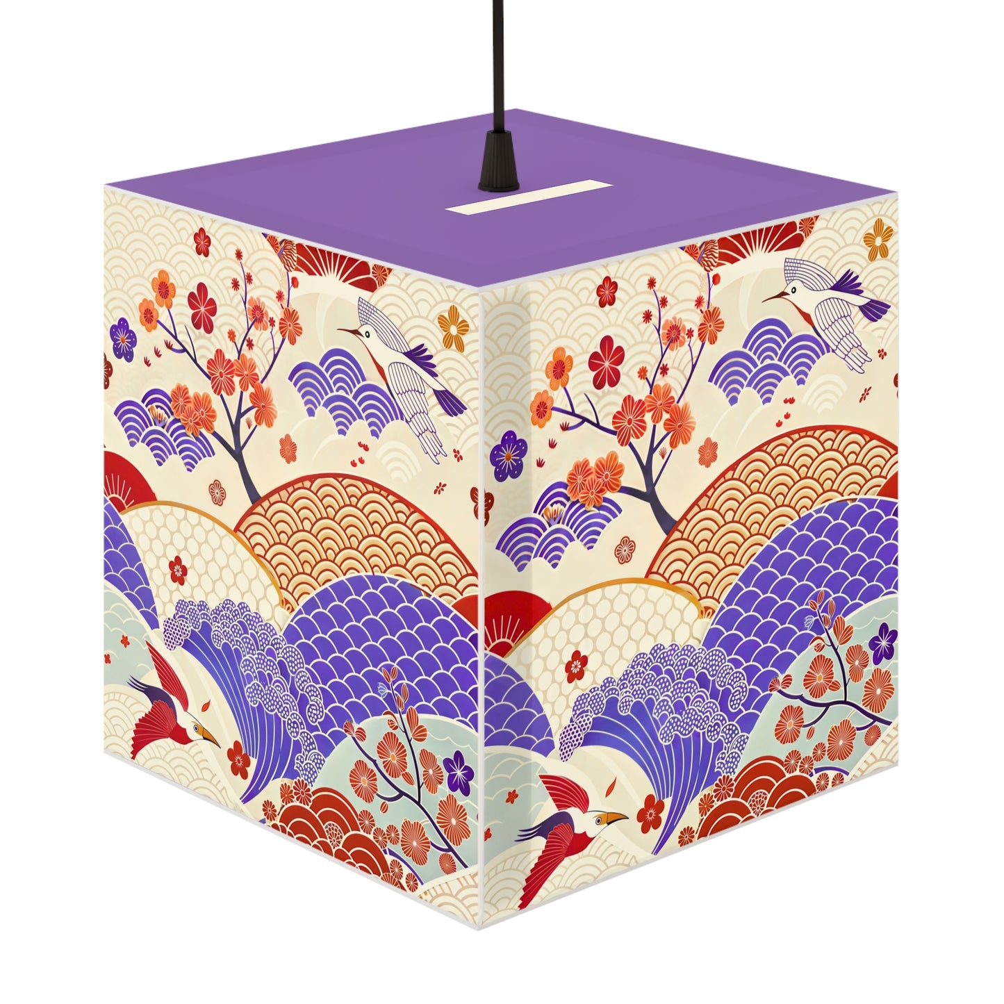 Japanese Wave & Crane Light Cube Lamp — Floral Origami Pattern Ambient Pendant