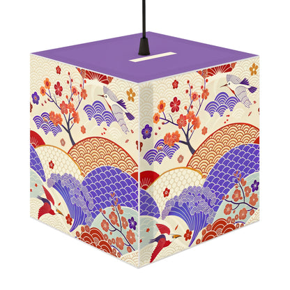 Japanese Wave & Crane Light Cube Lamp — Floral Origami Pattern Ambient Pendant