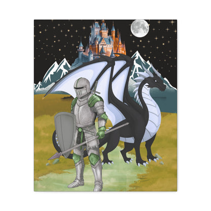 Medieval Knight & Dragon Castle Night Matte Stretched Canvas