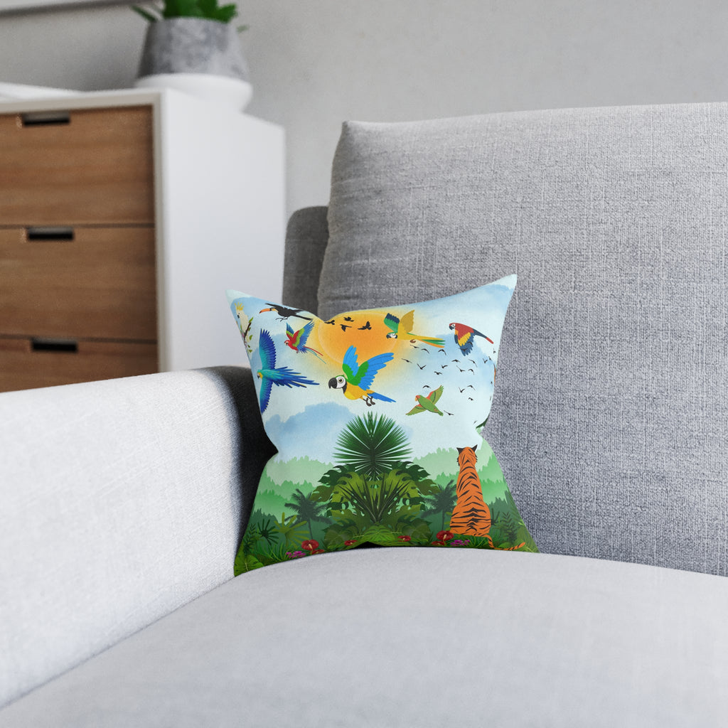 Tropical Jungle Square Pillow — Colorful Parrots & Tiger Decorative Throw Pillow Printify