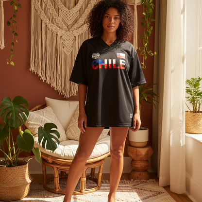 Chile Flag Themed Graphic Mesh V-Neck Soccer Jersey