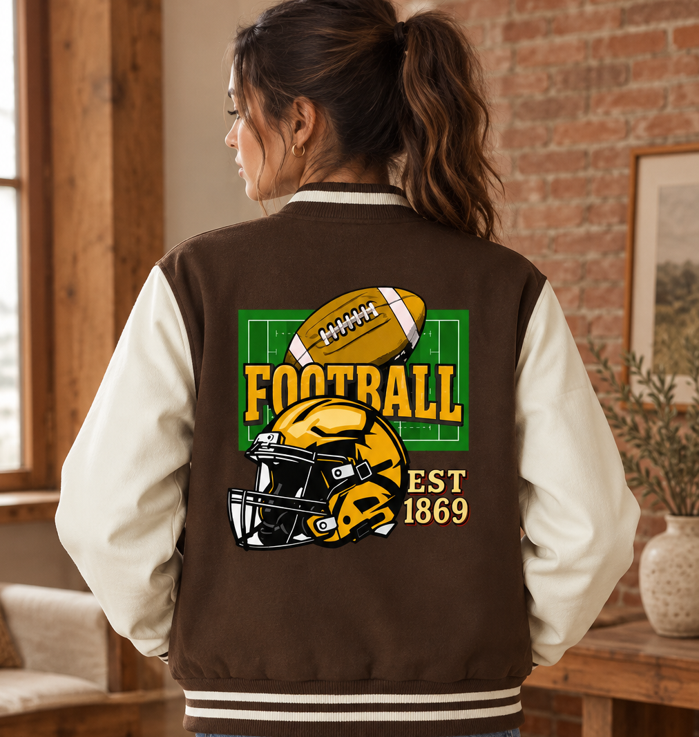 Graphic Unisex Football Themed Two-Tone Fleeced Varsity Jacket
