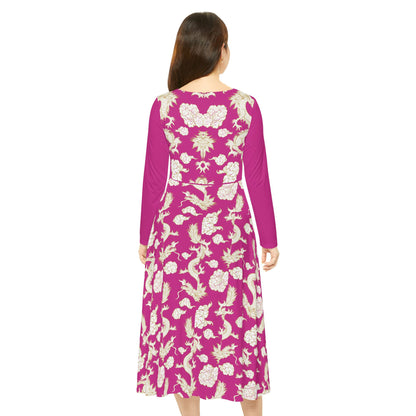 Pink Floral & Gragon Print Long Sleeve Dance Dress | Boho Style, Vintage Inspired
