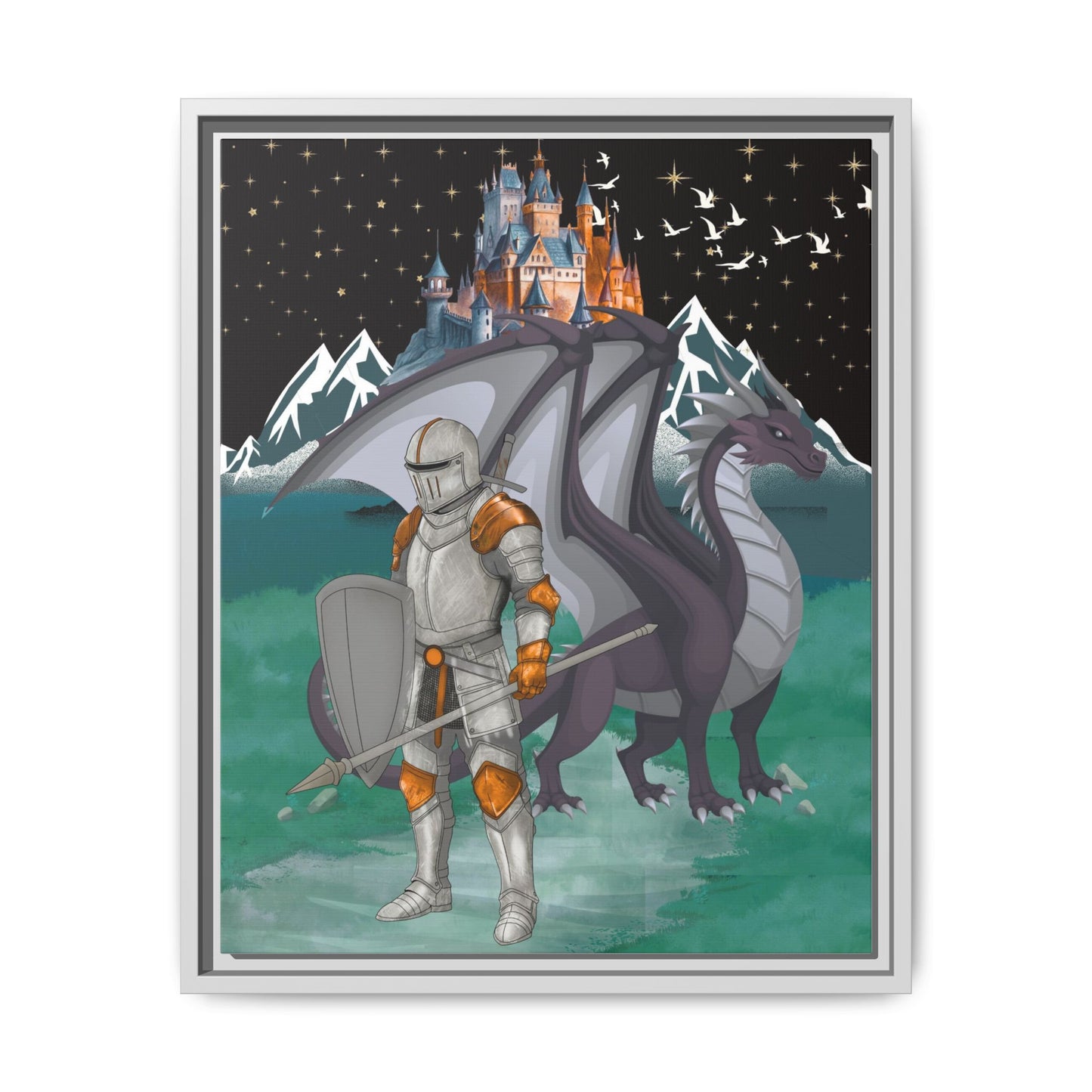 Knight and Dragon Fantasy Art, Framed Matte Canvas
