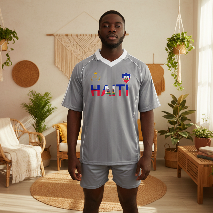 Unisex Haiti Flag Themed Graphic Shadow Stripe Collared Soccer Jersey