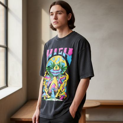Graphic Alien Art Unisex Snow Washed Oversized Cotton T-Shirt