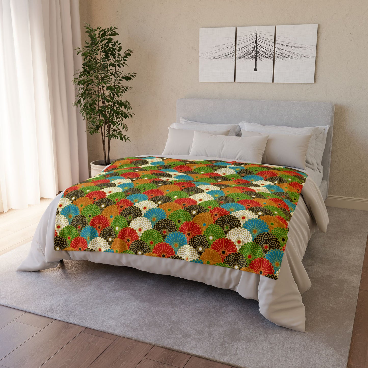 Retro Fan Pattern Polyester Blanket — Colorful Geometric Throw for Living Room & Gift