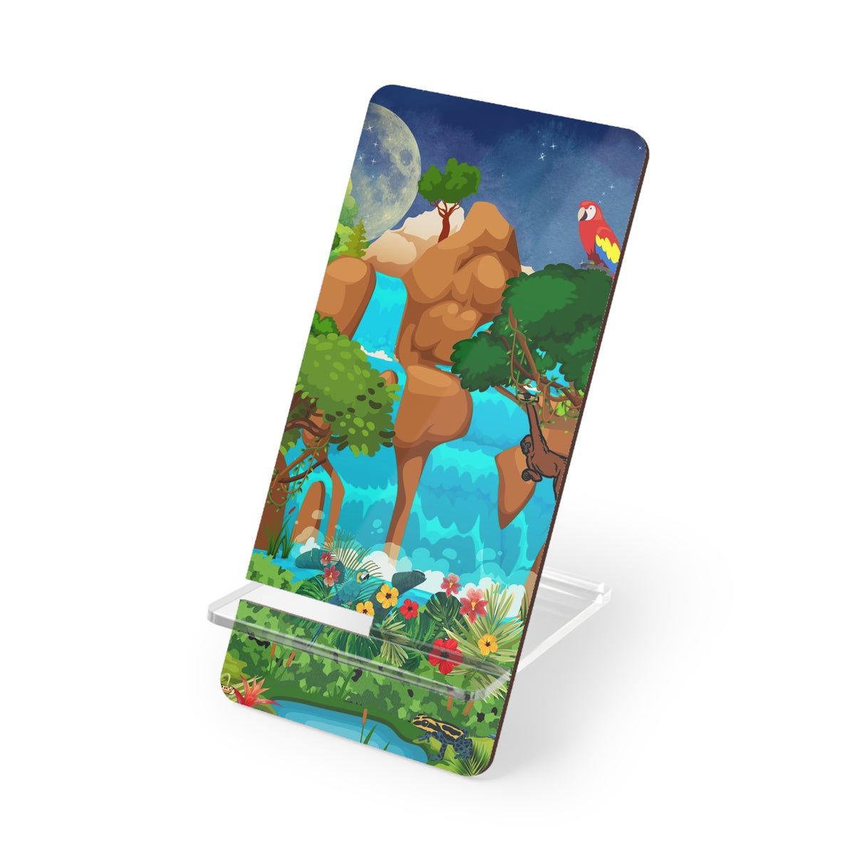 Tropical Waterfall Phone Stand — Colorful Parrot & Jungle Mobile Display Printify