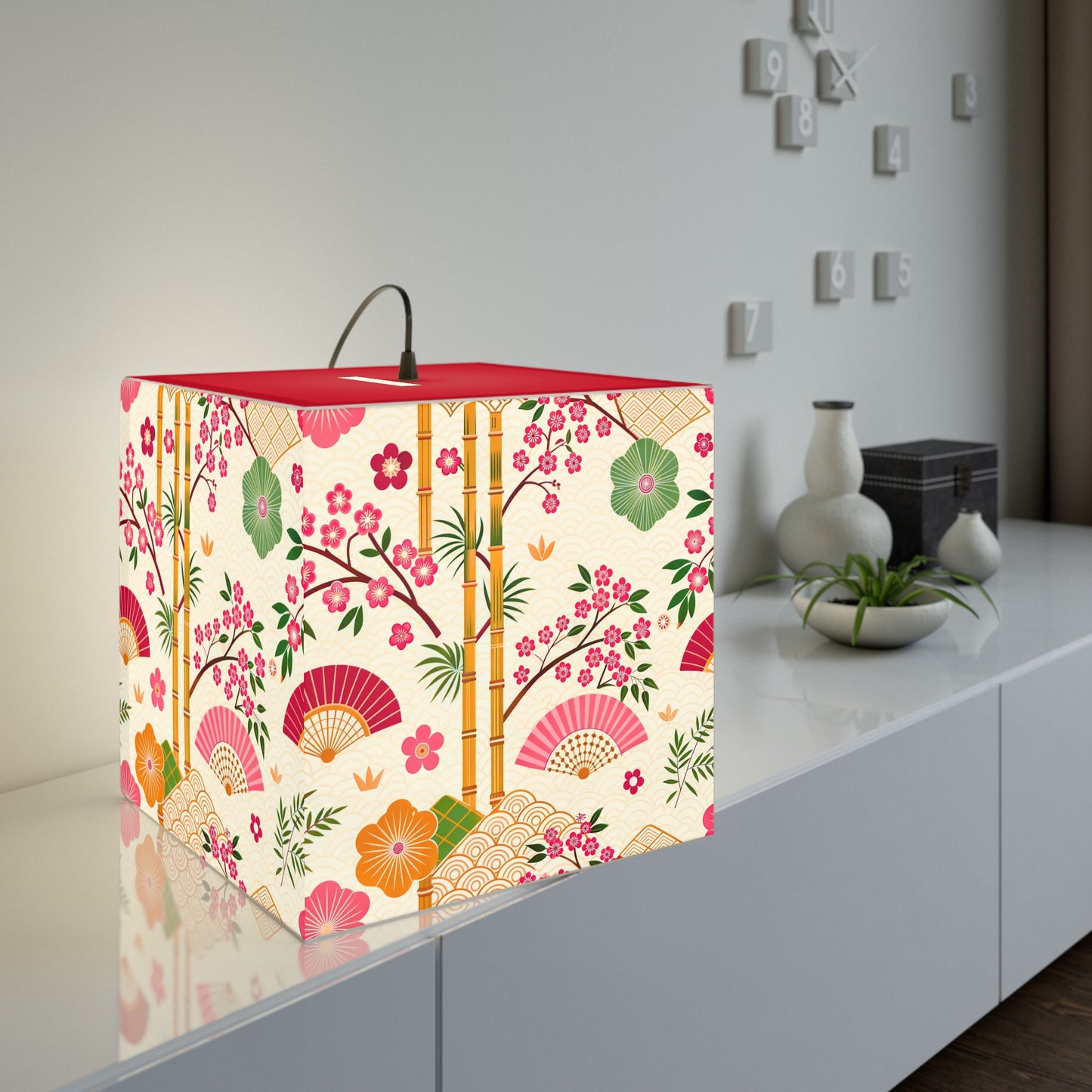 Japanese Floral Cube Lamp — Sakura Fans & Bamboo Light Cube