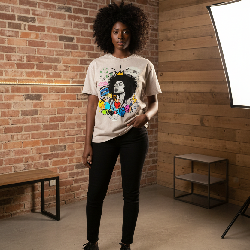 Graffiti Black Musician Art Unisex Snow Washed Oversized Cotton T-Shirt