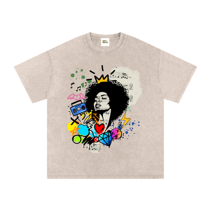 Graffiti Black Musician Art Unisex Snow Washed Oversized Cotton T-Shirt