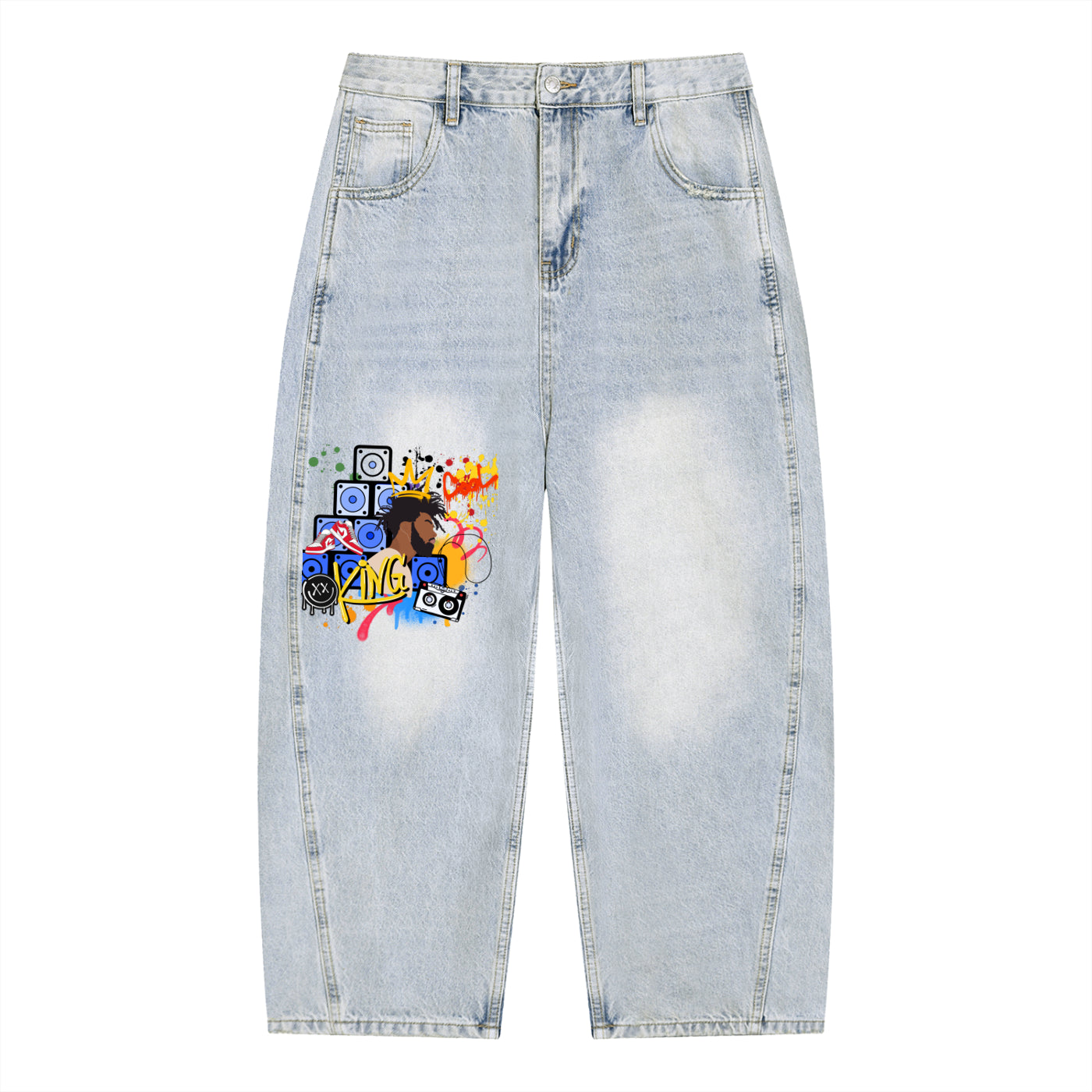 DJ Graffiti Art Graphic Men's Vintage Wash Sunfade Barrel Leg Jeans