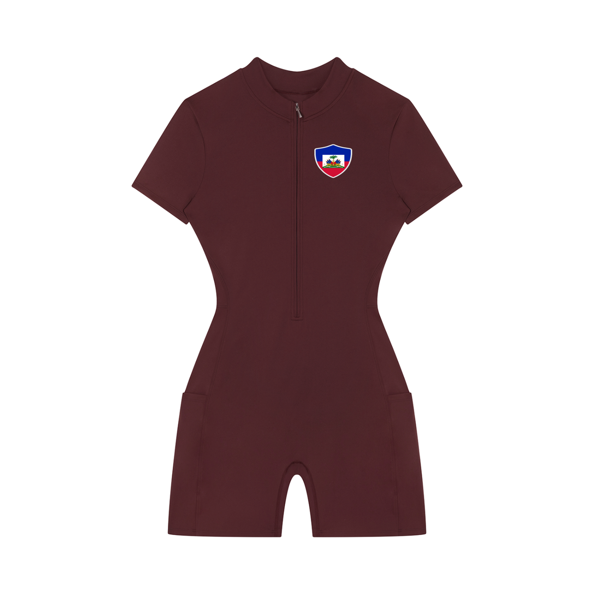 Women's Quarter-Zip Short Sleeve Romper featuring the Haiti Flag Art