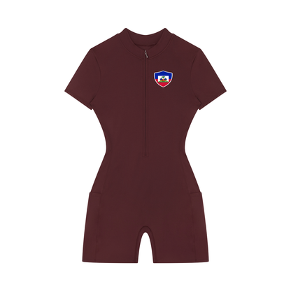 Haiti Flag Themed Women's Quarter-Zip Short Sleeve Romper