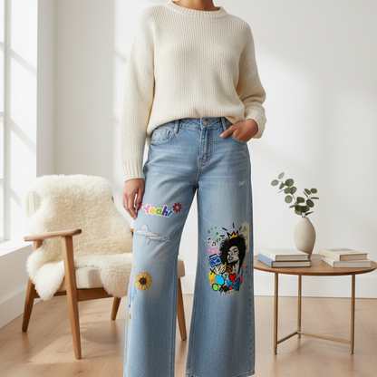 Colorful Graffiti Afro Music Themed Graphic Women's Vintage Wash Distressed Wide Leg Jeans