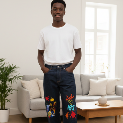 Colorful Graffiti Music Themed Graphic Men's Heavyweight Straight Leg Denim Jeans