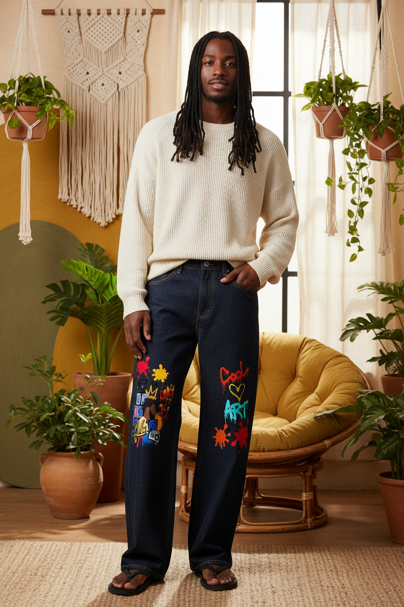 Colorful Graffiti Music Themed Graphic Men's Heavyweight Straight Leg Denim Jeans