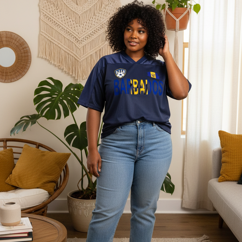 Barbados Flag Themed Unisex Oversized Mesh V-Neck Soccer Jersey