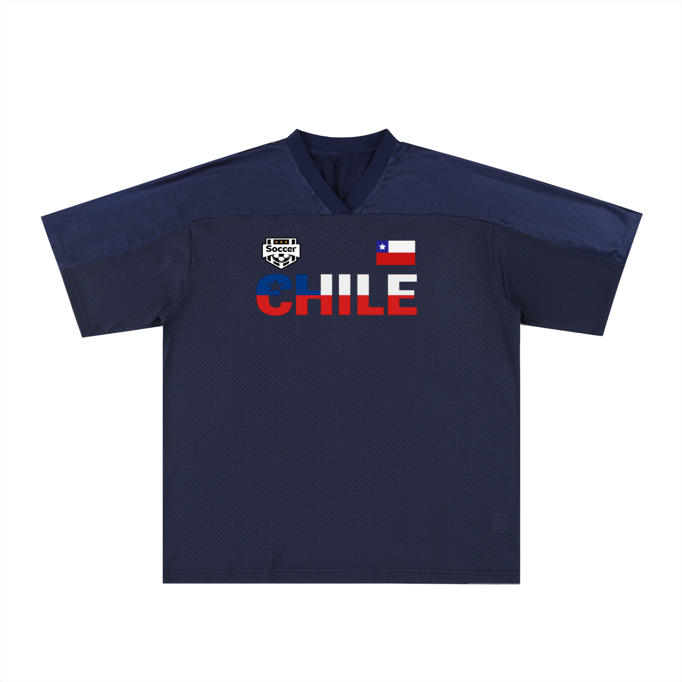 Chile Flag Themed Graphic Mesh V-Neck Soccer Jersey