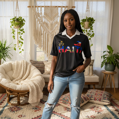 Haiti Flag Themed Contrast Collar Striped Soccer Jersey
