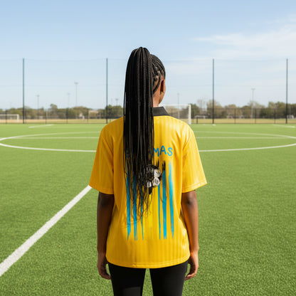 Bahamas Flag Themed Contrast Collar Striped Soccer Jersey