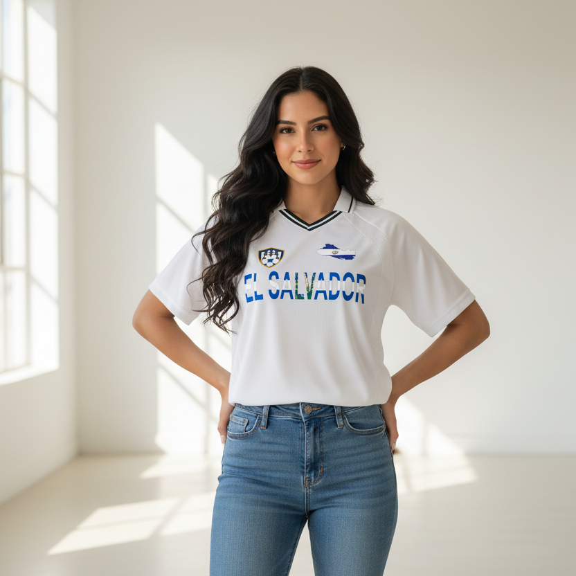 El Salvador Flag Themed Striped V-Neck Soccer Unisex Jersey