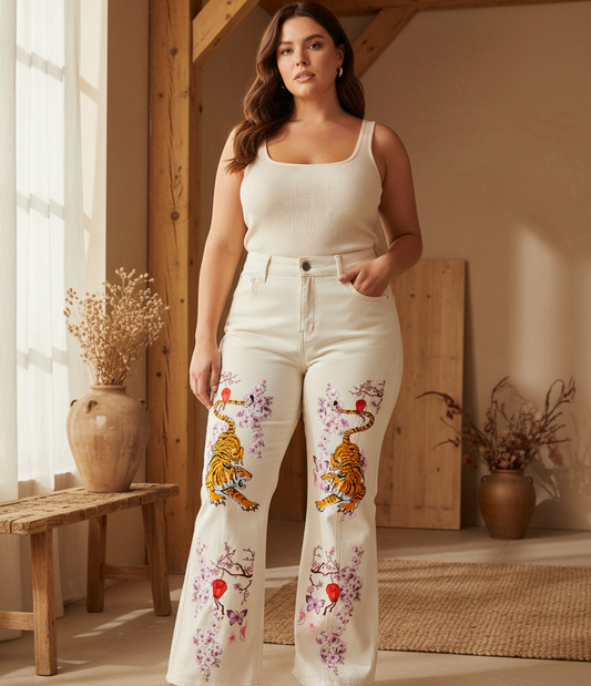Tiger and Floral Art Graphic Women's Flared Leg Jeans Curvy and Plus Sizes