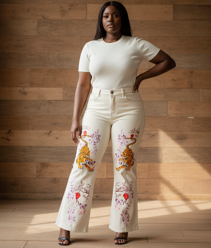 Tiger and Floral Art Graphic Women's Flared Leg Jeans